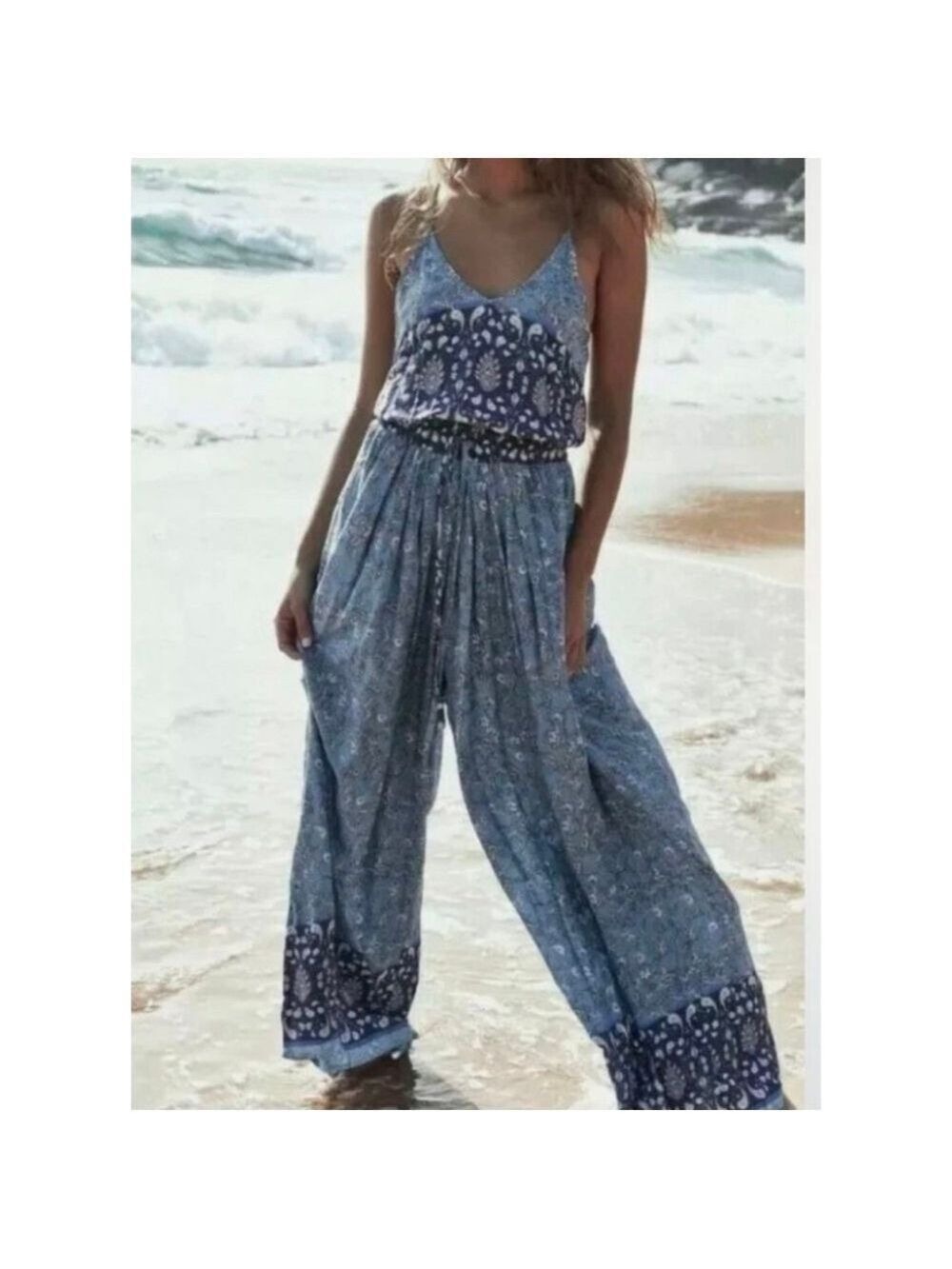 JAASE Wave Sapphire Print Jumpsuit Blue Purple Paisley Boho Hippie Wide Leg L